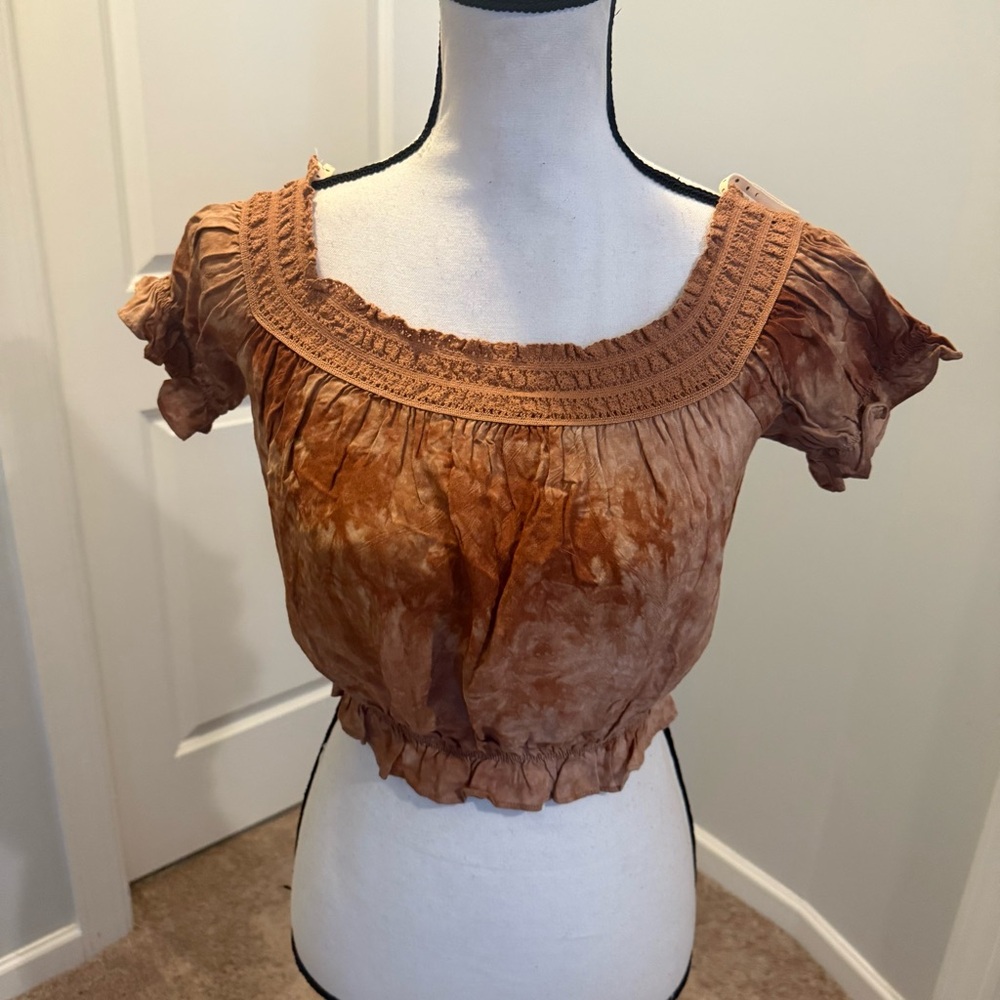 Lunik Brown Tan Tie Dye Off Shoulder Crop Top NWT
